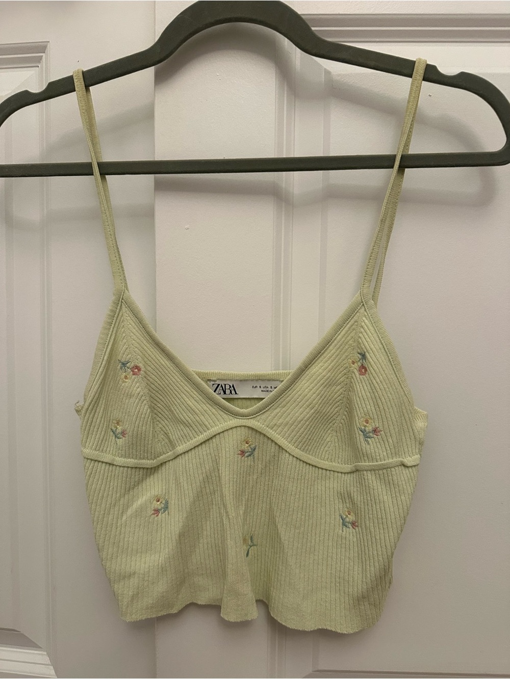 Zara Light Green Ribbed Embroidered Cropped Tank